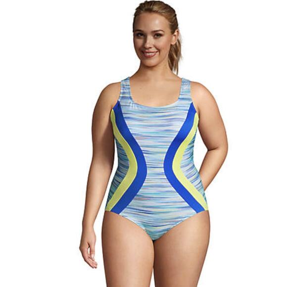 Lands End One Piece Swimsuit X-Back Plus Sz 18 W Colorblock Blue Yellow Modest - Picture 1 of 11